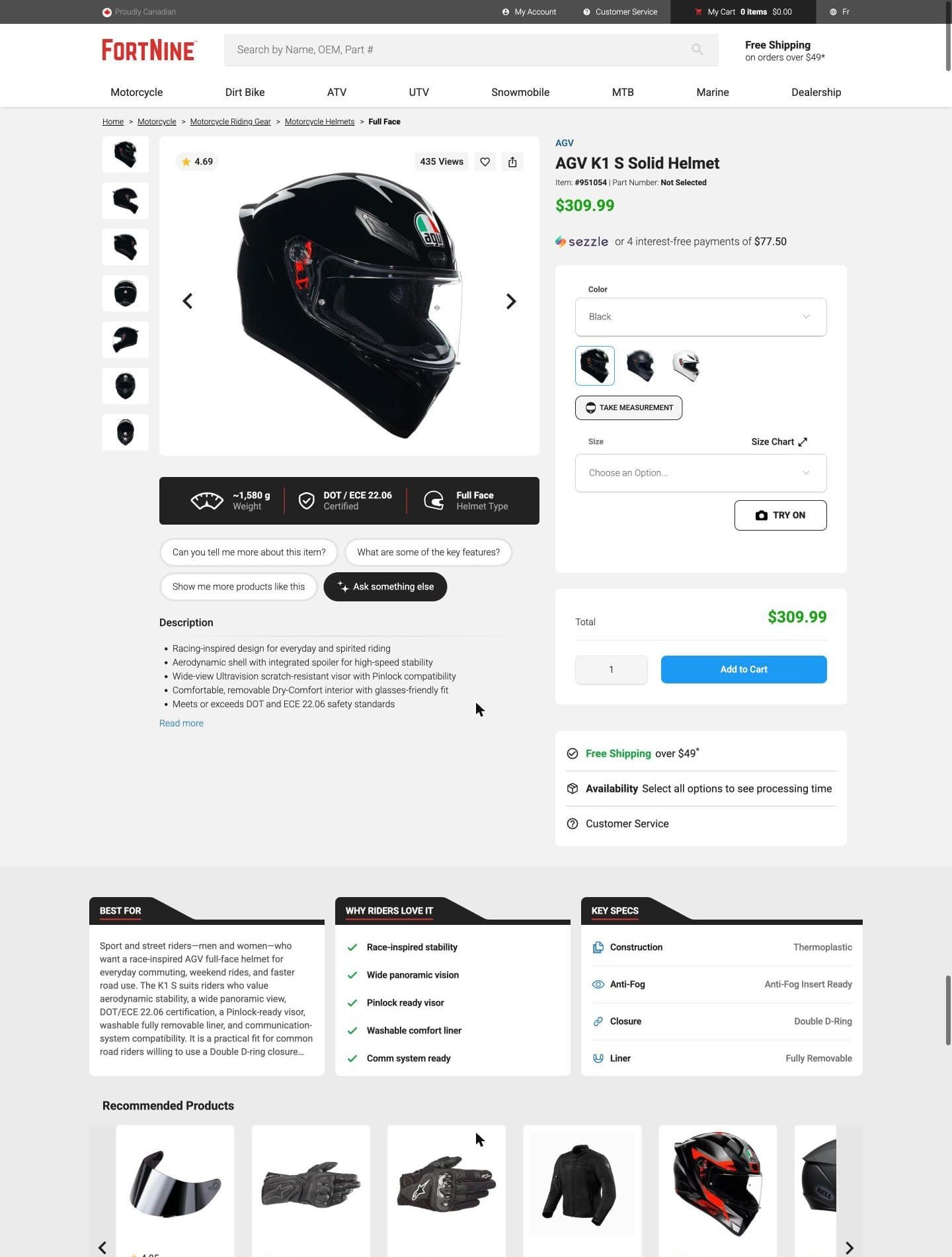 New FortNine template, AGV K1 S helmet, cut at 1,900 px: a spec strip reading ~1,580 g, DOT / ECE 22.06, Full Face under the gallery, five decision bullets, then the Best for, Why riders love it and Key specs bands