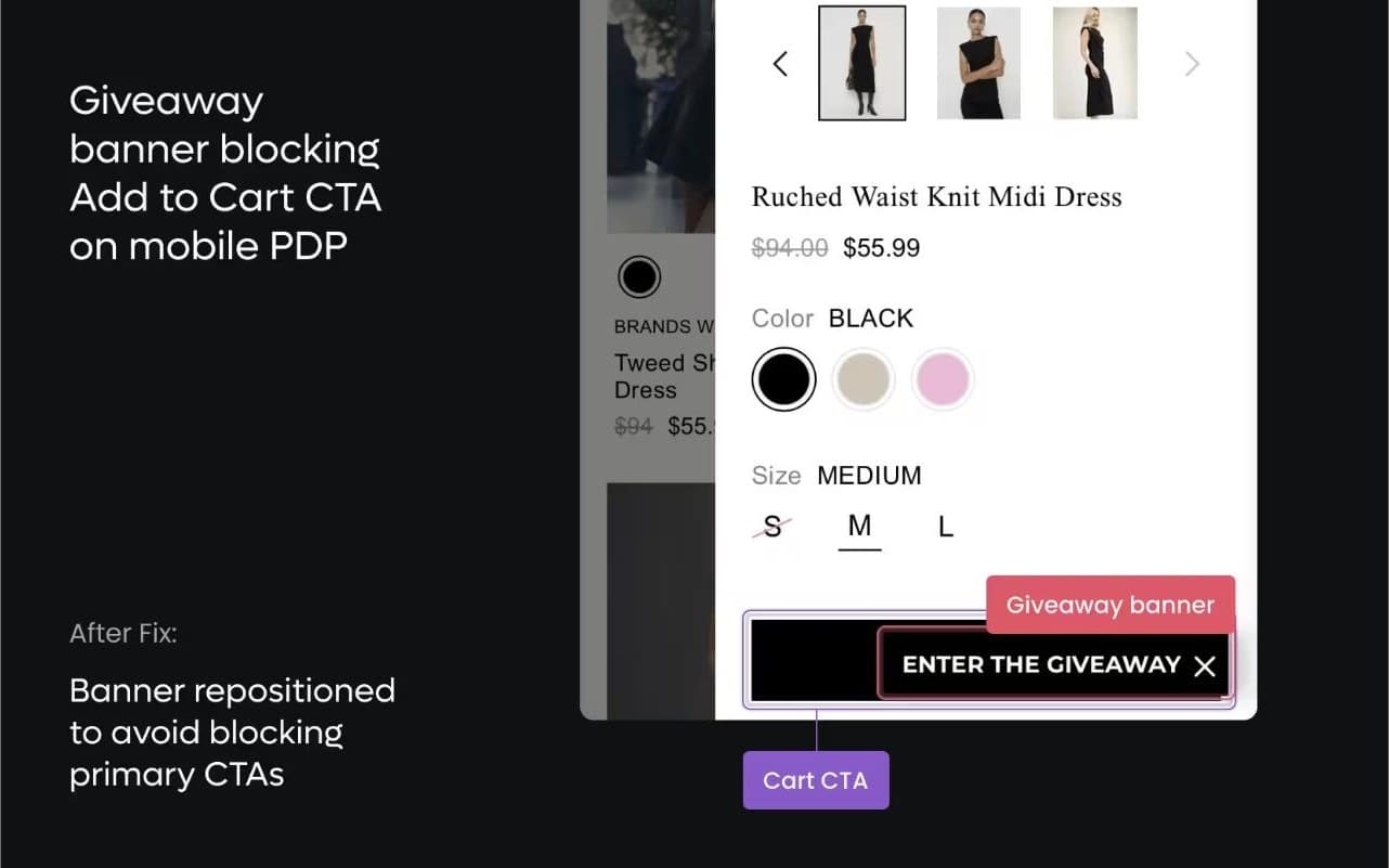 Live Zenyt spotlight for New York & Company: Mobile UX - Giveaway Banner Blocks Add to Cart Button on Mobile
