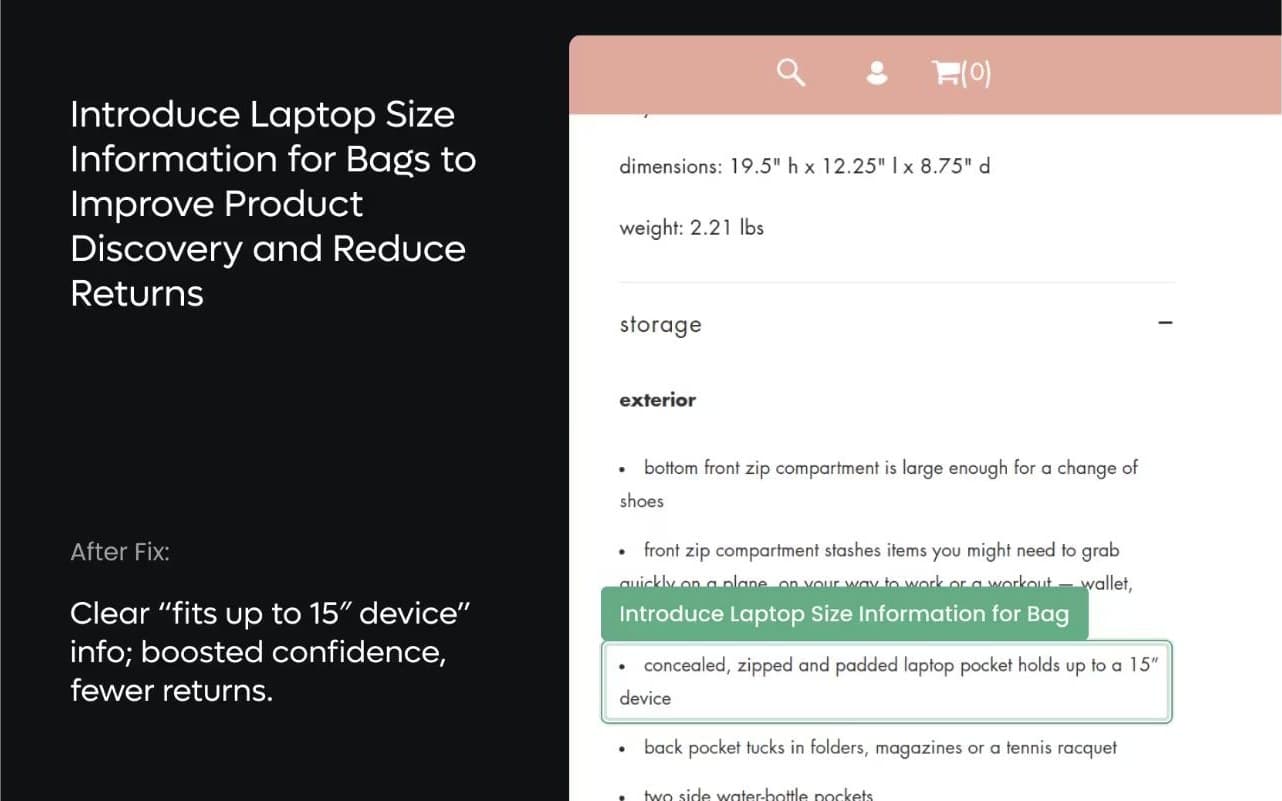 Live Zenyt spotlight for shortyLOVE: Introduce Laptop Size Information for Bags to Improve Product Discovery and Reduce Returns